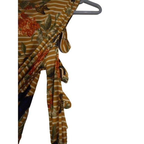 Sz L Multicolor Floral Butterfly Cold Shoulder dress or long tunic Tan cream - Picture 3 of 6